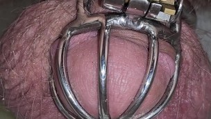Learning to sit to pee! Chastity cage Femdom!