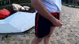 guy masturbates in the city in the morning while walking