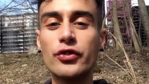 Chewing and swallowing own cum public