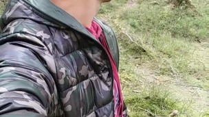 Intense quick jerk off outdoor while friends are inside house