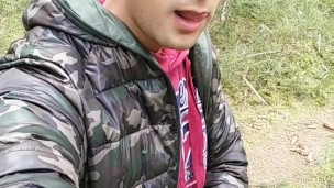 Filling foreskin with piss like balloon - day forest pissing yellow piss