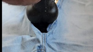 Dual view dog knot dildo riding and leaking cum on jeans