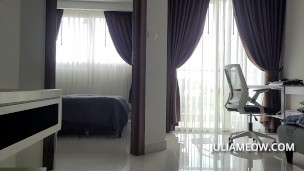 Bottomless girl embarrasses the repairman (cam 1 of 2)