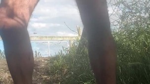 Quick piss in bare feet, long rubber gloves and dirty white shorts