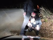 Piss Whore in dog collar receives golden shower and hot cum in her mouth in a public road interrupte 10/16