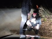 Piss Whore in dog collar receives golden shower and hot cum in her mouth in a public road interrupte 11/16