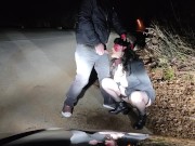 Piss Whore in dog collar receives golden shower and hot cum in her mouth in a public road interrupte 2/16