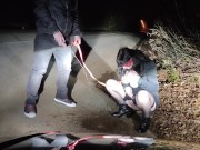 Piss Whore in dog collar receives golden shower and hot cum in her mouth in a public road interrupte 4/16