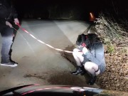 Piss Whore in dog collar receives golden shower and hot cum in her mouth in a public road interrupte 5/16