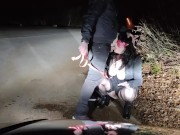 Piss Whore in dog collar receives golden shower and hot cum in her mouth in a public road interrupte 6/16