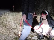 Piss Slut Wife in a Nun costume with a dog collar around her neck receives a golden shower her mout 10/16