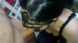 A beautiful brunette with big tits likes to stuff a thick cock down her throat