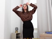 Slutty Russian office girl plays with her juicy cunt in her black see through tights 2/16