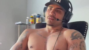 Uncut latino jerks his BIG dick while gaming