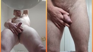 Dual view pissing in the toilet