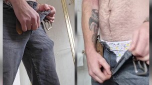 Dual view pissing in the toilet