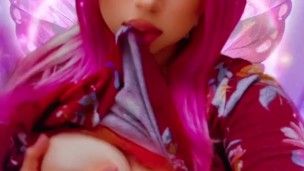 Anime girl plays with her big boobs