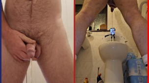 Dual view pissing naked in white socks