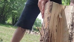 Shirtless Chubby Daddy Chops Wood For Your Fire