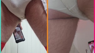 Dual view pissing in white cotton panties dressed in lingerie
