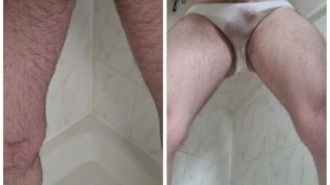 Dual view Pissing in panties and on to dirty white socks