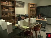 Jaquelin Braxton seduces her student and she fills his mouth with her hard cock. Her little student 1/16