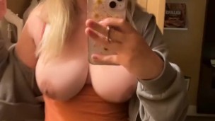 Anime girl plays with her big boobs
