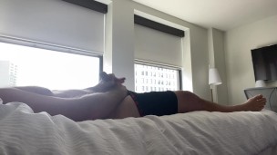 Hung jock jerks off on hotel bed
