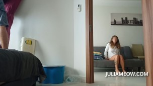 Bottomless girl embarrasses the repairman (cam 2 of 2)