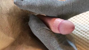 Gray cotton stockings fetish video with huge male orgasm ( At home, in bed, long blond hair, POV )