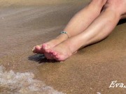 My feet and masturbation with orgasm and wet pussy close up on the beach 3/16