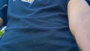 Big uncut cock latino jerking outdoors in the woods and eating his own cum careful not to get caught