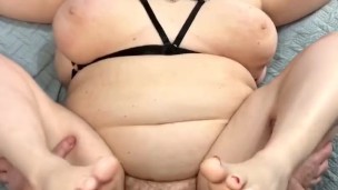 BBW PAWG shows off feet while getting pounded missionary, BBW missionary creampie