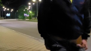Guy pisses and jerks off right on the road where cars drive