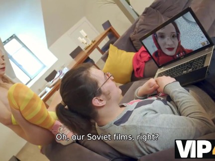 VIP4K. While man talks on a video call three ladies enjoy lesbian 3some