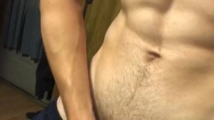 Stud shoots massive cumshot over kitchen floor