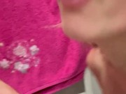 he comes to get sucked and jerk off between my small breasts while I'm in the toilet 12/16