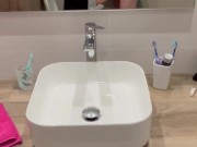 he comes to get sucked and jerk off between my small breasts while I'm in the toilet 4/16