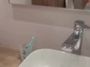 he comes to get sucked and jerk off between my small breasts while I'm in the toilet