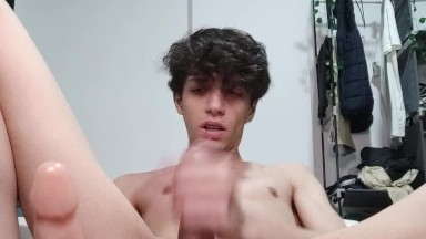 Gluttonous twink stuffing the toy all up his ass until the milk squirts