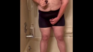 Chubby gay with tiny dick wets his underwear then cums with massage gun