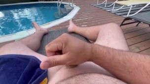 Public pool side Stroke fat cock orgasm