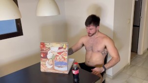 Bloated belly burping large pizza & soda