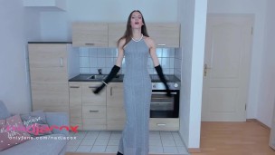 elegant skinny with a big cock and long black velvet gloves jerks off and cunm a lot