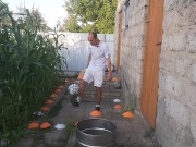 Malvina the cat and I are playing barrel ball 12/16