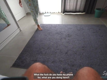 Hot MILF stepmom caught stepson jerking off while her husband was away