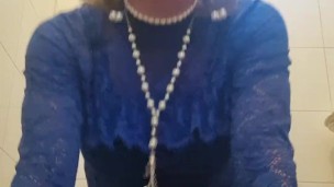 Sissy in blue lace top riding dildo