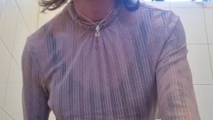 Sissy cums on giant dildo