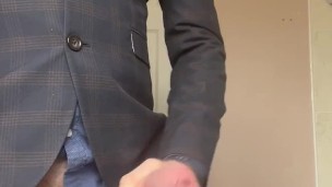 Suited manager wanking into the sink using his big cock - hard, hung and horny shirt and tie cumming