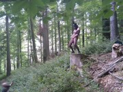 Standing pissing in a woods in a bunny mask and fishnet 14/16